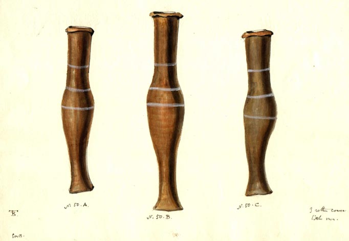 (50 A,B, C) 3 brown vases, white stripes